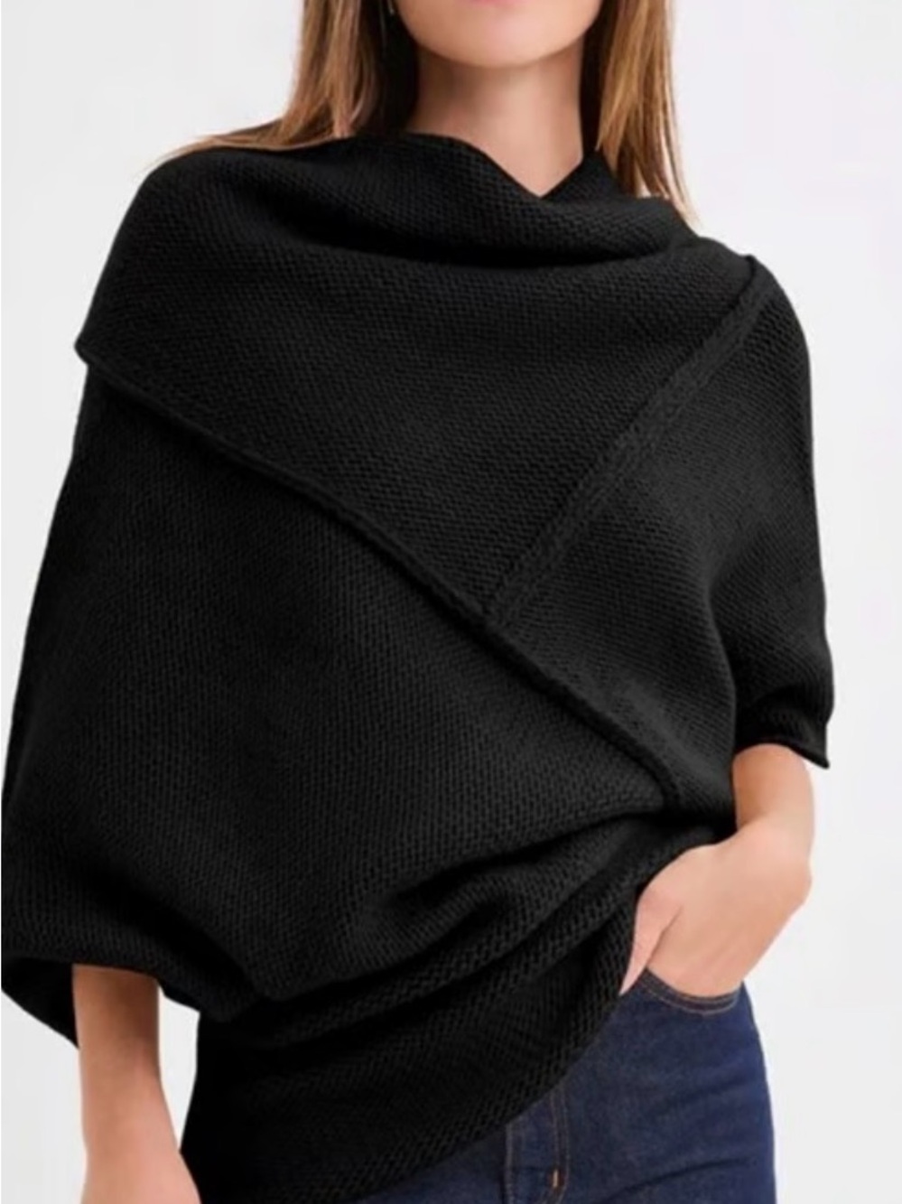 MARELLA Black Draped Knit Poncho Sweater